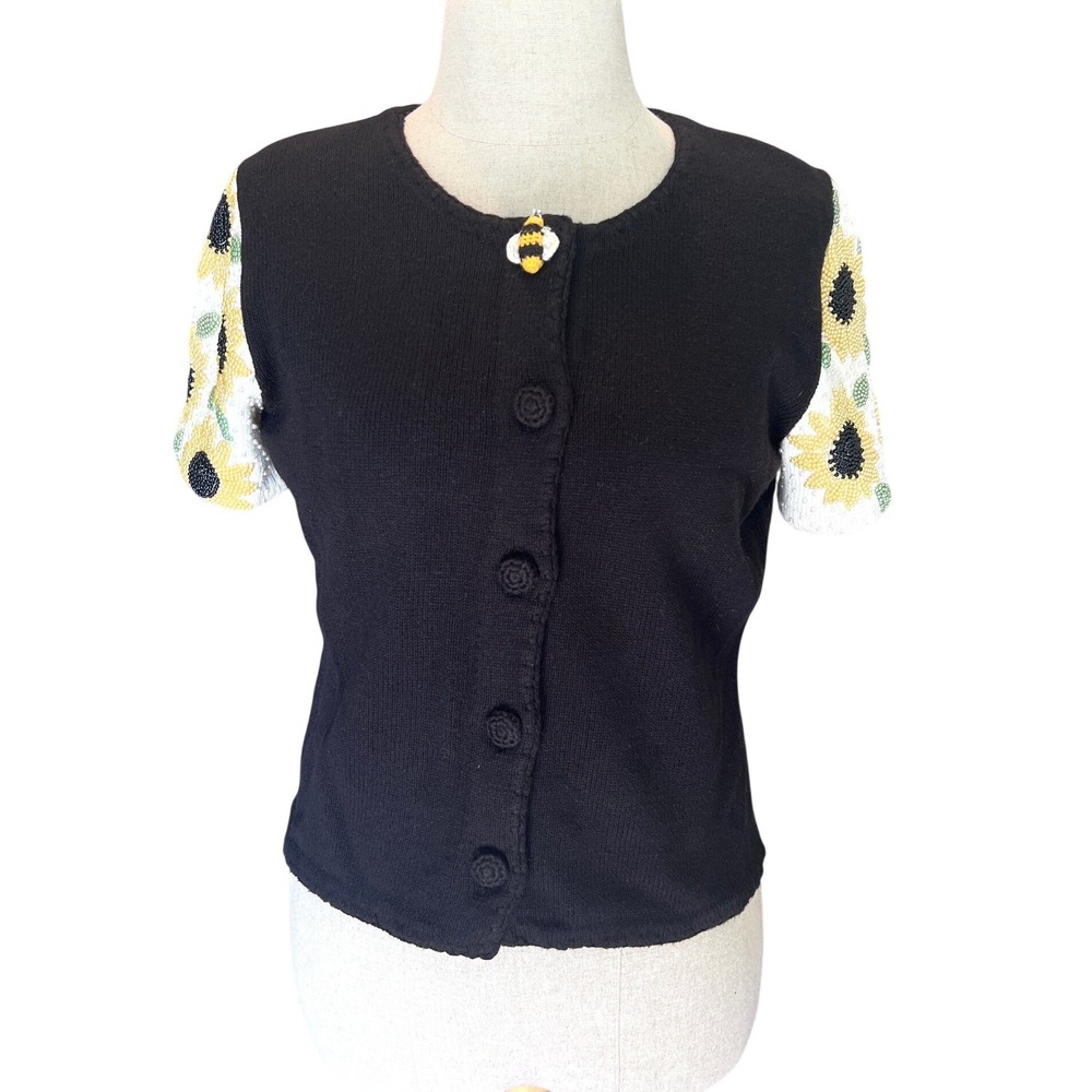 Michael Simon Cardigan Sweater S Black Beaded Sunflower Bee Vintage 90s Grandma